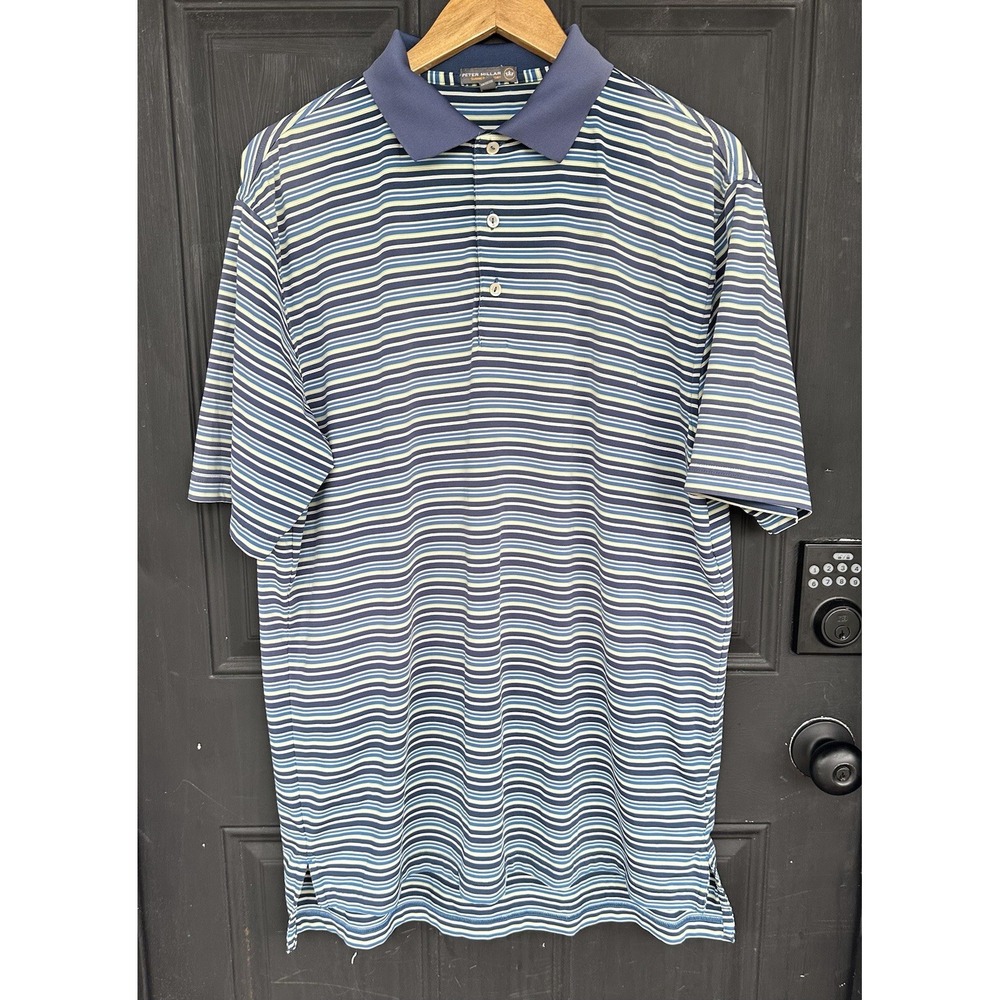 Peter Millar Shirt Mens Large Summer Comfort Polo Blue Green White Stripe Golf